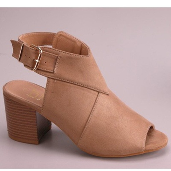 Bentani Shoes - Tan Vegan Suede Peep Toe Block Heel Booties